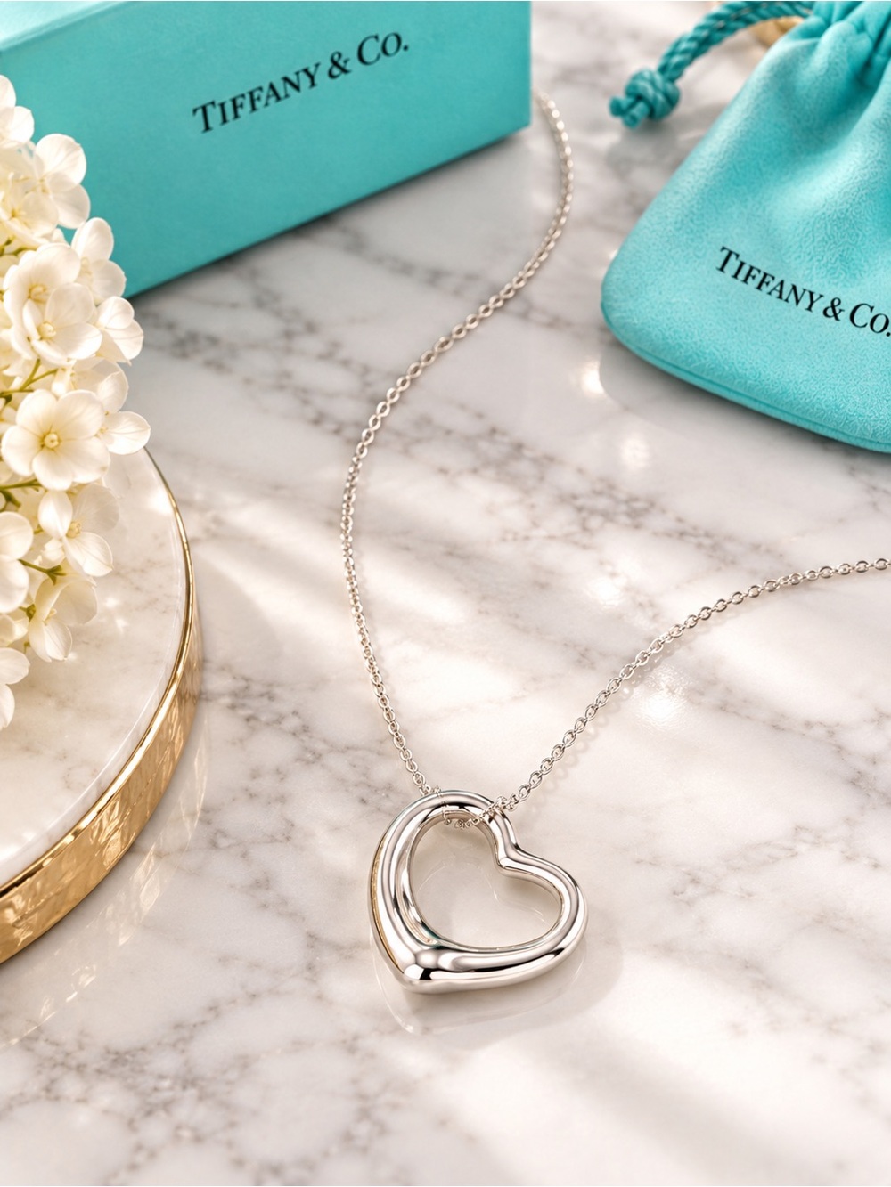 Tiffany & Co. Medium .925 Silver Open Heart Necklace Elsa Peretti Full Inclusion